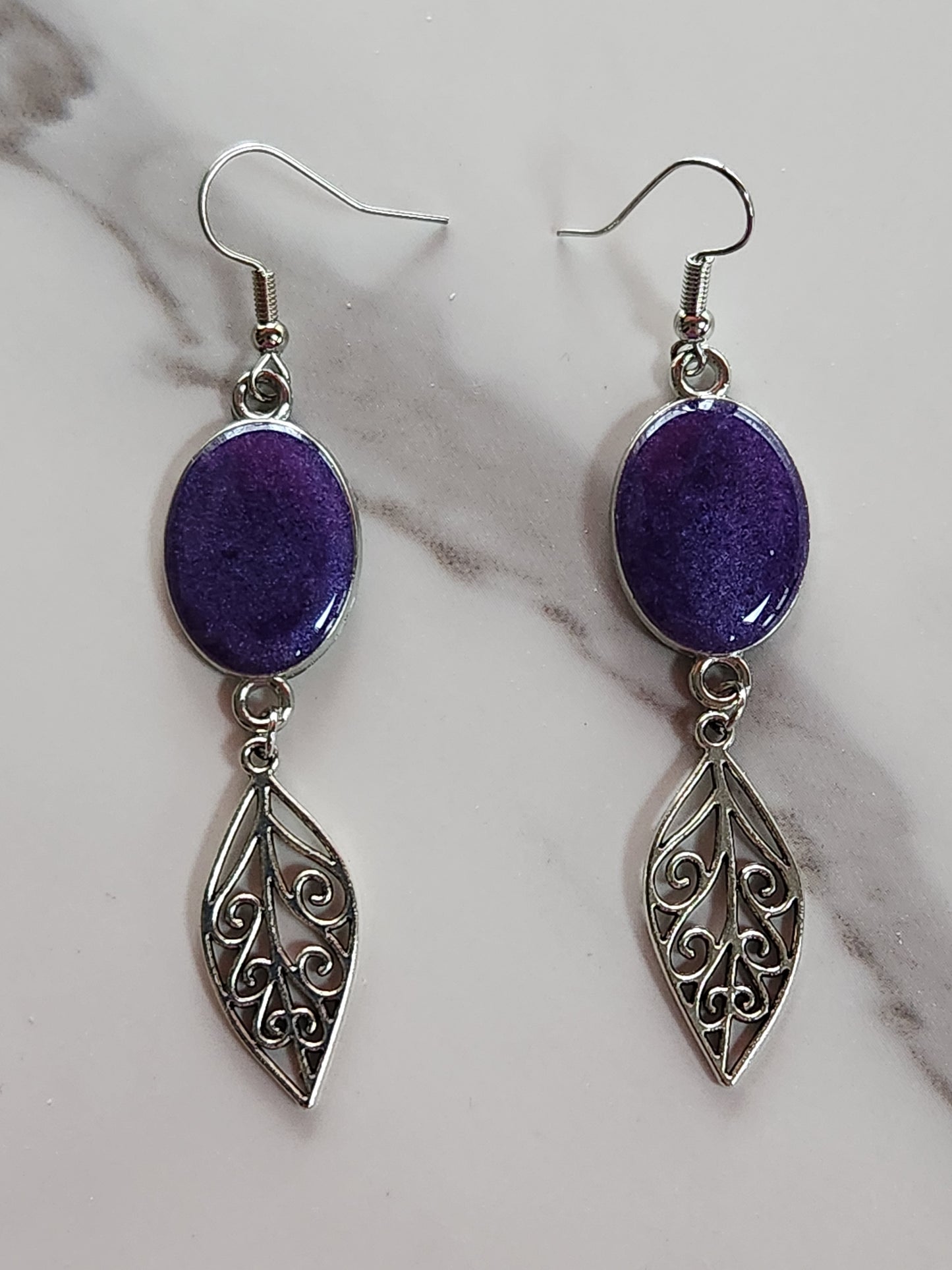 Dark Purple with Filigree Charm Oval Earrings